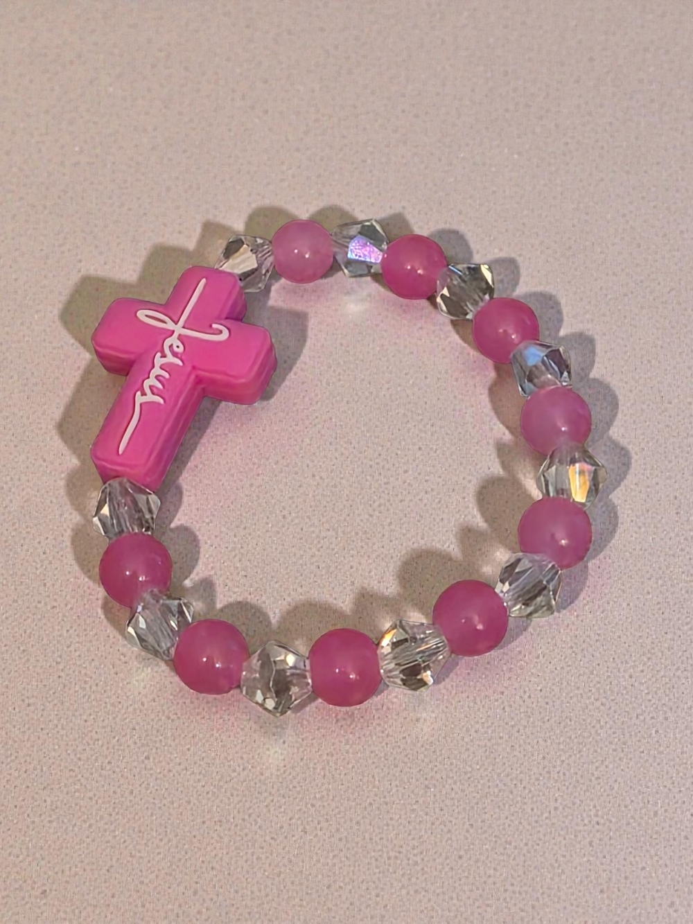 Handmade Pink Jesus Cross Beaded Stretch Bracelet